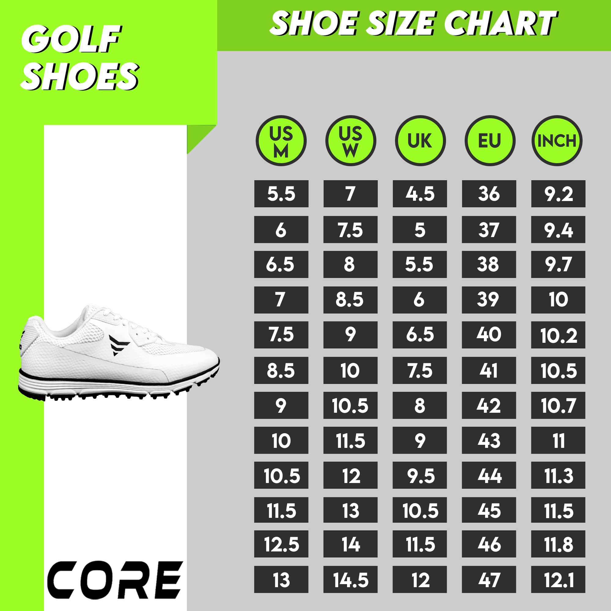 Core Golf Shoes – Water Resistant Golf Shoes for Outdoor Golf Sports and Training - Soft Breathable Lightweight Golf Shoes for Men and Women - Anti-Slip Outsole Cushioning Sneakers White