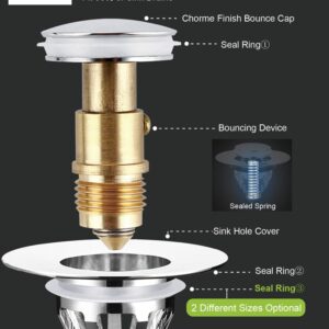 𝐁𝐚𝐭𝐡𝐫𝐨𝐨𝐦 𝐒𝐢𝐧𝐤 𝐒𝐭𝐨𝐩𝐩𝐞𝐫 Pop Up, Universal Spring Core 1.1~1.5” Drain Holes, Washbasin Water Head Leaking Stopper, Stainless Steel Bounce Core Push-Type Converter, Silver