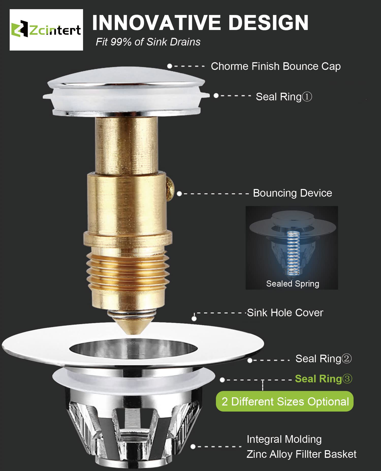 𝐁𝐚𝐭𝐡𝐫𝐨𝐨𝐦 𝐒𝐢𝐧𝐤 𝐒𝐭𝐨𝐩𝐩𝐞𝐫 Pop Up, Universal Spring Core 1.1~1.5” Drain Holes, Washbasin Water Head Leaking Stopper, Stainless Steel Bounce Core Push-Type Converter, Silver