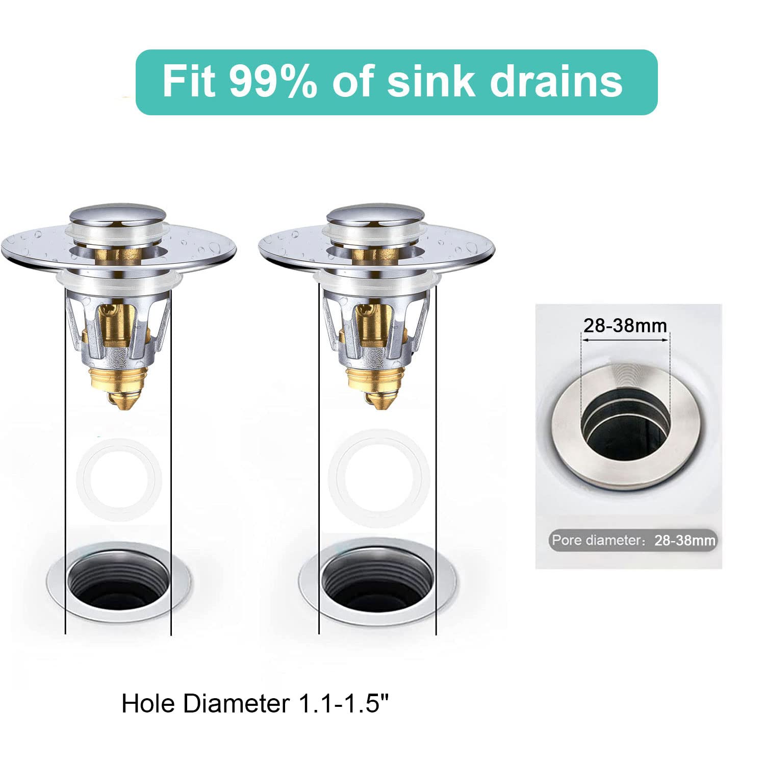 𝐁𝐚𝐭𝐡𝐫𝐨𝐨𝐦 𝐒𝐢𝐧𝐤 𝐒𝐭𝐨𝐩𝐩𝐞𝐫 Pop Up, Universal Spring Core 1.1~1.5” Drain Holes, Washbasin Water Head Leaking Stopper, Stainless Steel Bounce Core Push-Type Converter, Silver