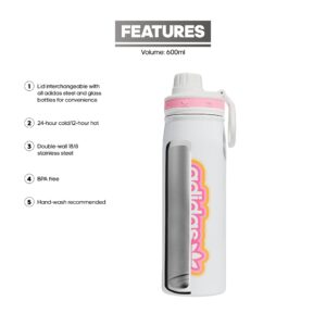 adidas Originals 600 Ml (20 Oz) Metal Water Bottle, Hot/Cold Double-Walled Insulated 18/8 Stainless Steel, White/Pulse Magenta Pink/Hazy Orange, One Size