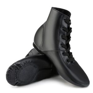 genmai soeasy leather jazz shoes for women,lace up jazz dance boots for men and women,black 4m
