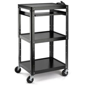 metateel av presentation cart stand for video projector,tv,laptop computers,printers,metal construction rolling cart with adjustable shelves,4 wheels,4 outlets, 5.75ft cord,support 300 lbs,black