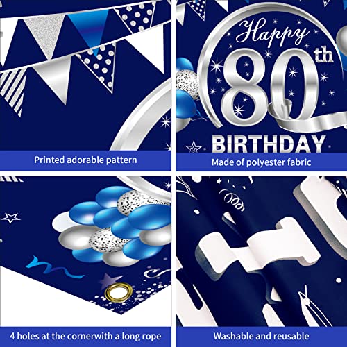 Kauayurk Blue Silver 80th Birthday Banner Decorations for Men - Happy 80 Birthday Backdrop Party Supplies - Eighty Birthday Poster Photo Props Background Sign Decor