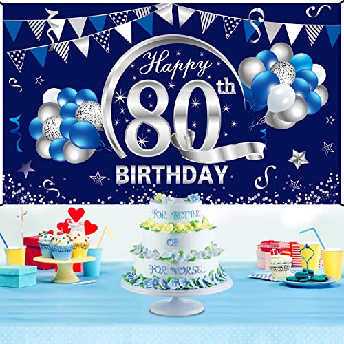 Kauayurk Blue Silver 80th Birthday Banner Decorations for Men - Happy 80 Birthday Backdrop Party Supplies - Eighty Birthday Poster Photo Props Background Sign Decor