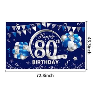 Kauayurk Blue Silver 80th Birthday Banner Decorations for Men - Happy 80 Birthday Backdrop Party Supplies - Eighty Birthday Poster Photo Props Background Sign Decor