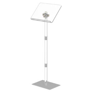 hmyhum small acrylic podium stand, angle adjustable, 15.7" l x 11.8" w x 42.3" h, modern lecterns & pulpits for classroom, concert, church, speech, easy assembly, metal base, clear