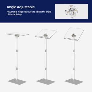 HMYHUM Small Acrylic Podium Stand, Angle Adjustable, 15.7" L x 11.8" W x 42.3" H, Modern Lecterns & Pulpits for Classroom, Concert, Church, Speech, Easy Assembly, Metal Base, Clear