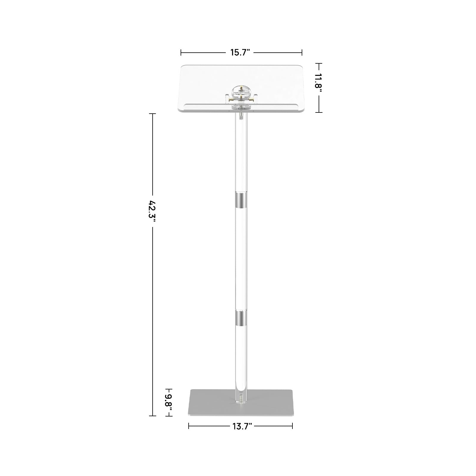 HMYHUM Small Acrylic Podium Stand, Angle Adjustable, 15.7" L x 11.8" W x 42.3" H, Modern Lecterns & Pulpits for Classroom, Concert, Church, Speech, Easy Assembly, Metal Base, Clear