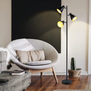 Depuley 3 Lights Tree Floor Lamp, Industrial LED Metal Reading Lamp, Skinny Floor Lamp,Farmhouse Black Standing Light for Living Room, Office, Adjustable Heads, Foot Switch, Bulb Included