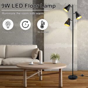 Depuley 3 Lights Tree Floor Lamp, Industrial LED Metal Reading Lamp, Skinny Floor Lamp,Farmhouse Black Standing Light for Living Room, Office, Adjustable Heads, Foot Switch, Bulb Included
