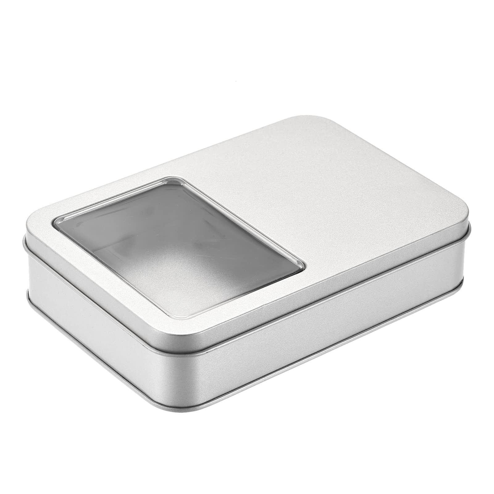 uxcell Metal Tin Box, 6.3" x 4.33" x 1.38" Rectangular Empty Tinplate Containers with Clear Window Lids, Silver Tone, for Home Organizer, Candles, Gifts, Car Keys, Crafts Storage