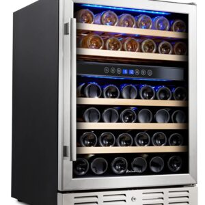 Kalamera 24 inch Wine Cooler, 46 Bottle - Dual Zone Built-in or Freestanding Fridge with Stainless Steel Reversible Glass Door, for Home, Kitchen, or Office.