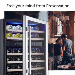 Kalamera 24 inch Wine Cooler, 46 Bottle - Dual Zone Built-in or Freestanding Fridge with Stainless Steel Reversible Glass Door, for Home, Kitchen, or Office.