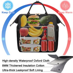 AIJIEKE Lunch Bag for Women, Large Lunch Box for Work Insulated Lunch Bag, Adult Leakproof Lunch Tote Cooler Bag with Side Pockets & Adjustable Strap, Lunch Purse for Picnic Beach, Black