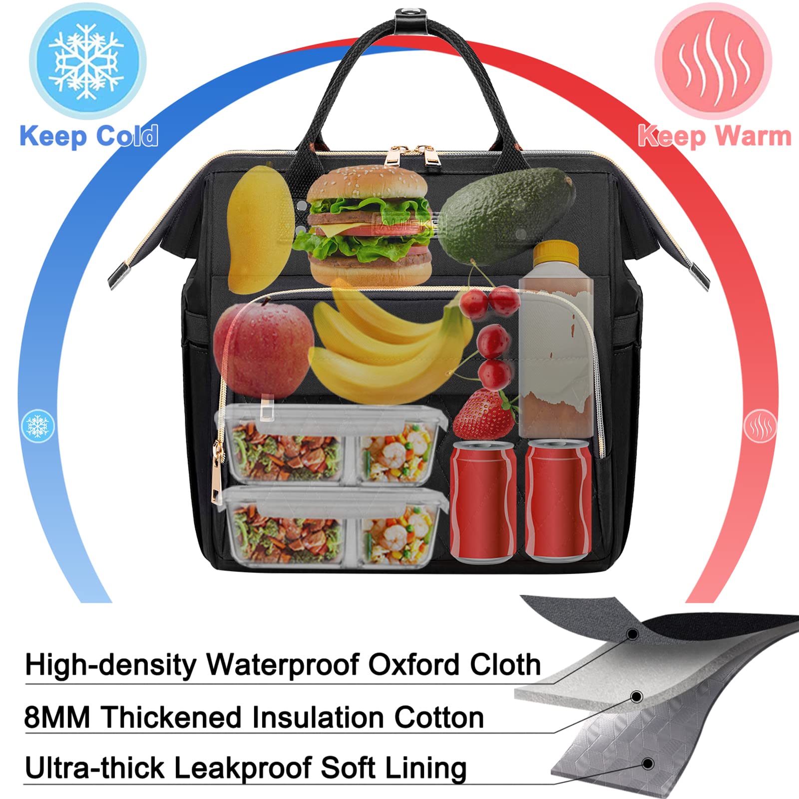 AIJIEKE Lunch Bag for Women, Large Lunch Box for Work Insulated Lunch Bag, Adult Leakproof Lunch Tote Cooler Bag with Side Pockets & Adjustable Strap, Lunch Purse for Picnic Beach, Black