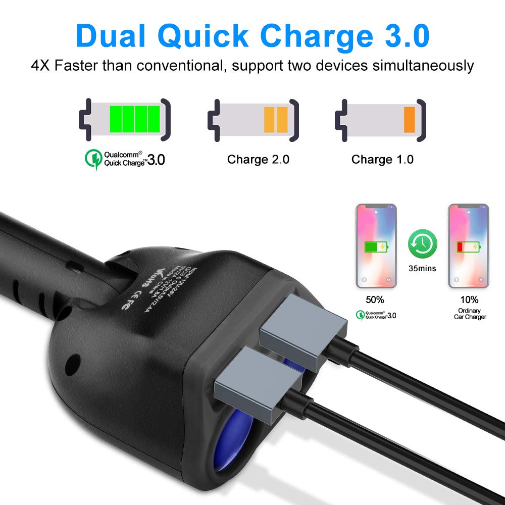 Rocketek Dual USB Quick Charge 3.0 Car Charger Adapter with Build-in 2 Way Car Splitter Adapter, 90W 12V/24V DC Outlet 2-Socket Car Cigarette Lighter for iPhone/ipad/Android Cell Phone, GPS, Car DVD