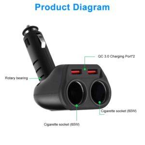 Rocketek Dual USB Quick Charge 3.0 Car Charger Adapter with Build-in 2 Way Car Splitter Adapter, 90W 12V/24V DC Outlet 2-Socket Car Cigarette Lighter for iPhone/ipad/Android Cell Phone, GPS, Car DVD