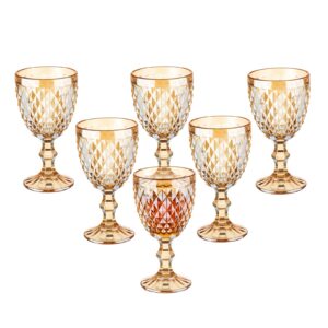 vintage wine glasses set of 6, 10 ounce colored glass water goblets, unique embossed pattern high clear stemmed glassware wedding party bar drinking cups diamond golden amber