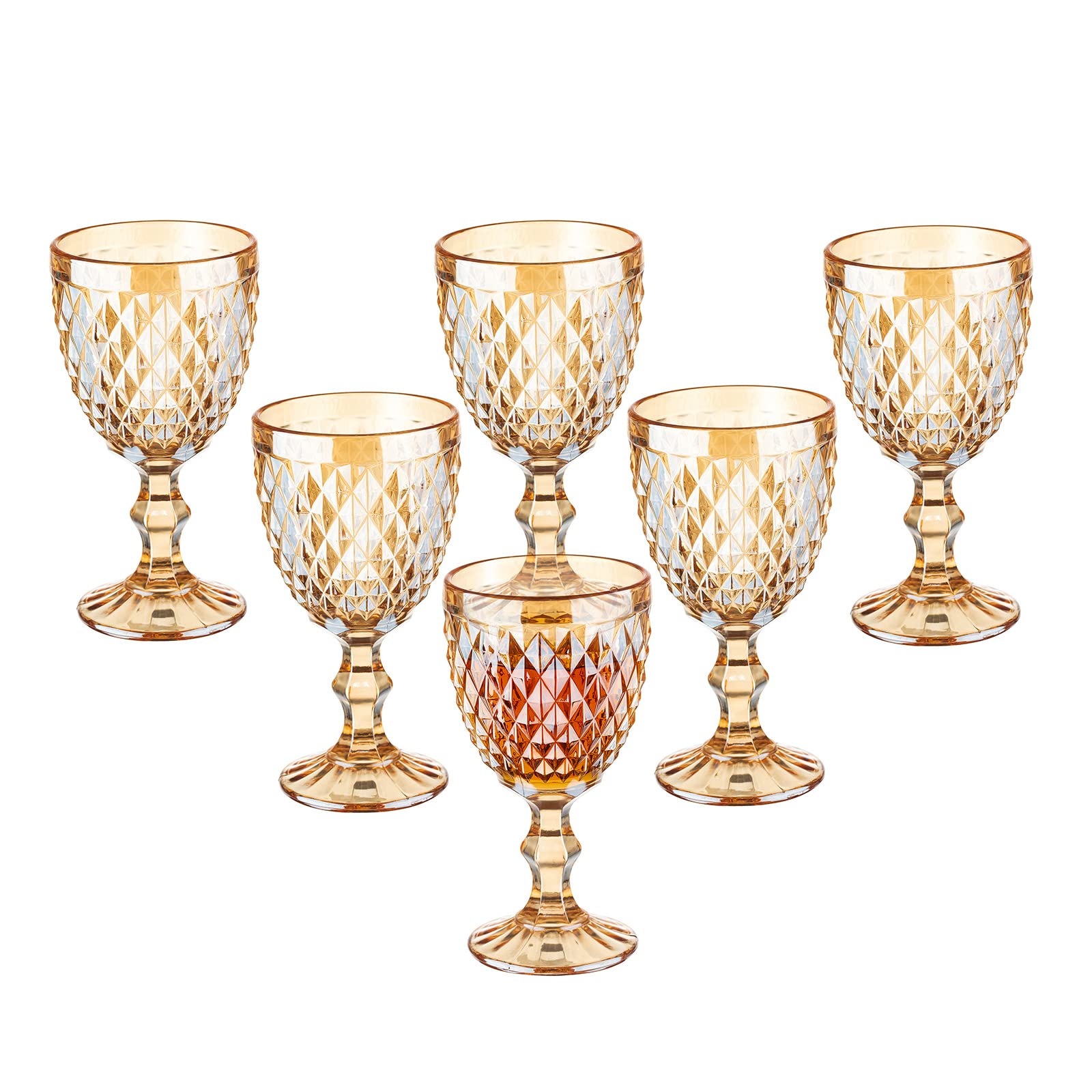 Vintage Wine Glasses Set of 6, 10 Ounce Colored Glass Water Goblets, Unique Embossed Pattern High Clear Stemmed Glassware Wedding Party Bar Drinking Cups Diamond Golden Amber