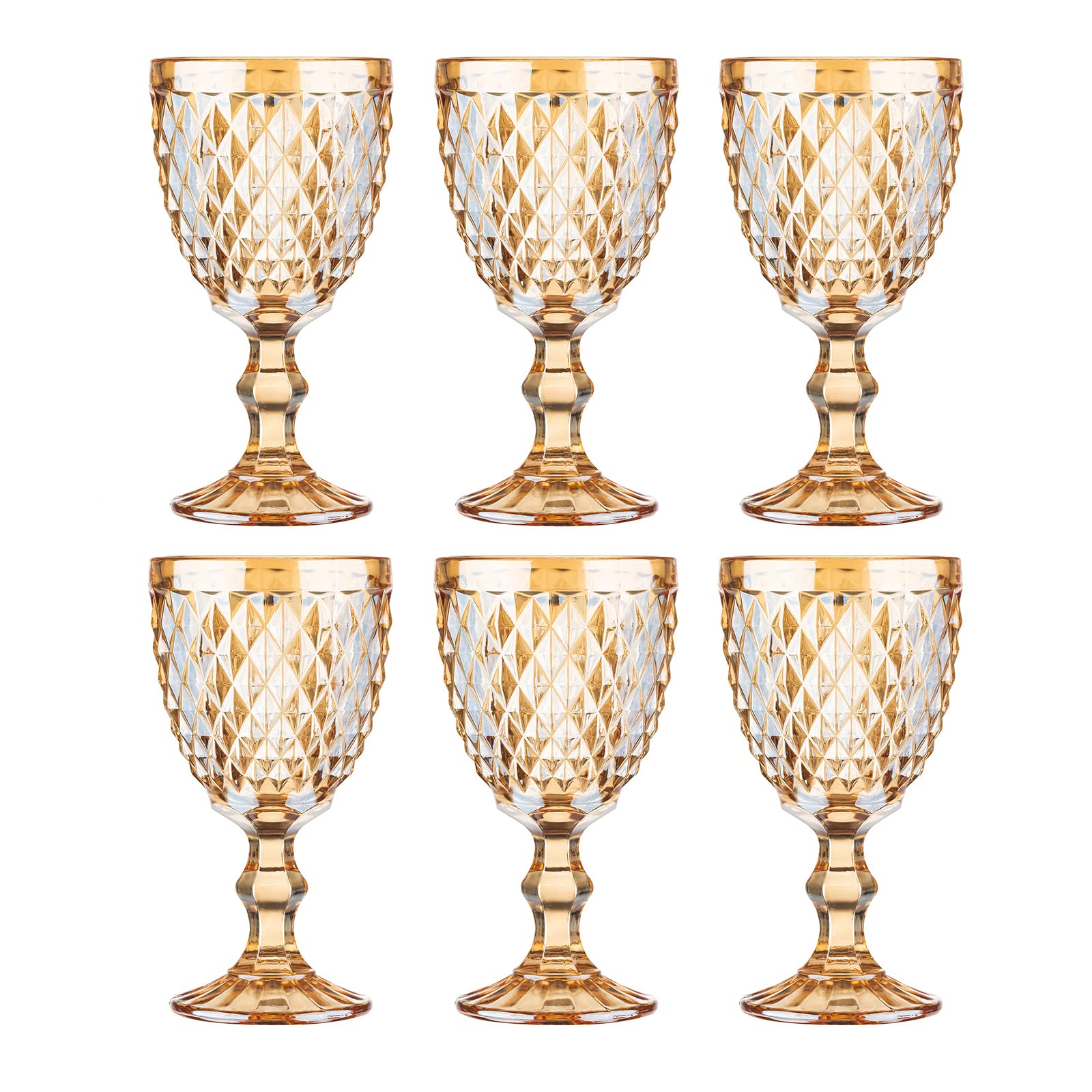 Vintage Wine Glasses Set of 6, 10 Ounce Colored Glass Water Goblets, Unique Embossed Pattern High Clear Stemmed Glassware Wedding Party Bar Drinking Cups Diamond Golden Amber