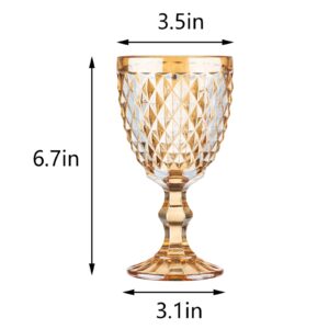 Vintage Wine Glasses Set of 6, 10 Ounce Colored Glass Water Goblets, Unique Embossed Pattern High Clear Stemmed Glassware Wedding Party Bar Drinking Cups Diamond Golden Amber