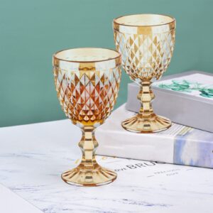 Vintage Wine Glasses Set of 6, 10 Ounce Colored Glass Water Goblets, Unique Embossed Pattern High Clear Stemmed Glassware Wedding Party Bar Drinking Cups Diamond Golden Amber