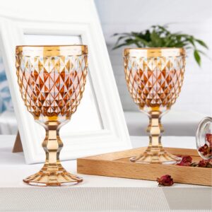 Vintage Wine Glasses Set of 6, 10 Ounce Colored Glass Water Goblets, Unique Embossed Pattern High Clear Stemmed Glassware Wedding Party Bar Drinking Cups Diamond Golden Amber