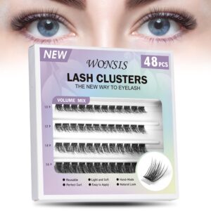 wonsis lash clusters, false eyelashes individual for diy lash extension, 48 clusters mix length individual lashes, natural look reusable cluster lashes for home eyelash extensions (volume)