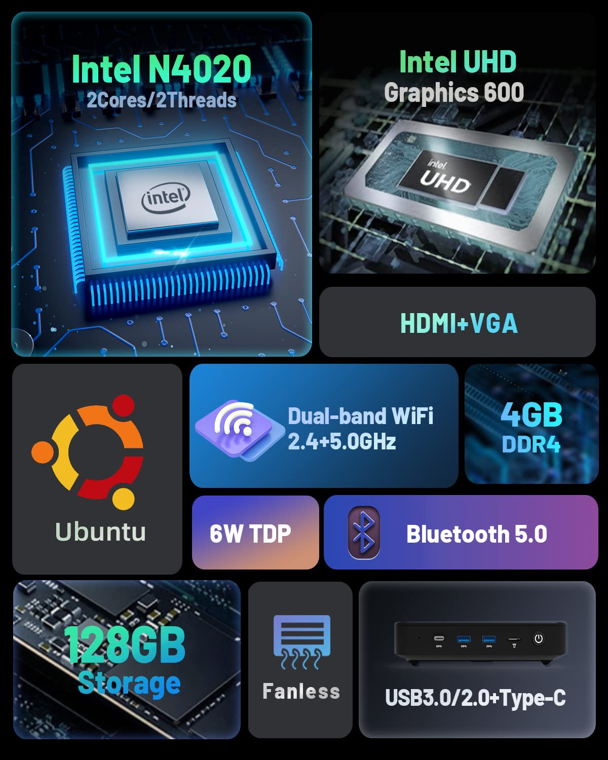 ATOPNUC Ubuntu Linux Mini PC,Intel Celeron N4020 Linux Computer 4GB RAM 128GB eMMC,Fanless Micro Desktop Computer Suppport HDMI&VGA,2.4/5G WiFi,BT5.0,Gigabit Ethernet for Business, Home
