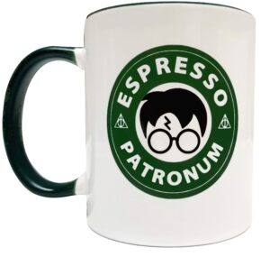 mean muggin espresso patronum potter themed 11oz ceramic mug/cup - green inside & handle - harry p - giftable foam box protection
