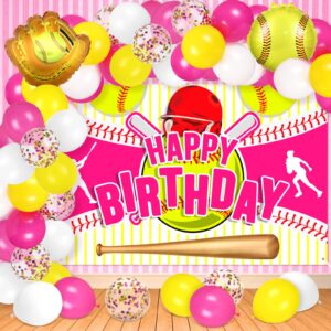 43pcs softball birthday party decorations large softball happy birthday banner and 42pcs softball party balloons garland kit for girls kids teens sport themed christmas holiday birthday party supplies