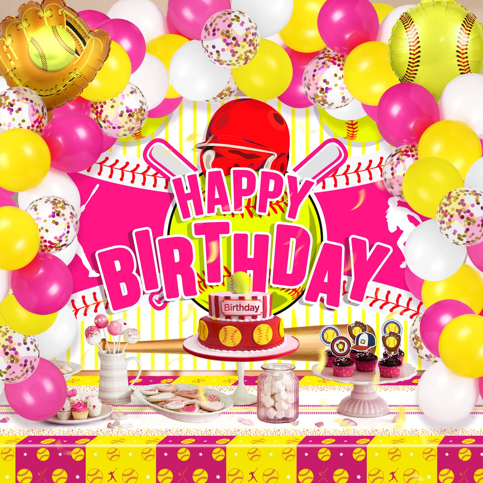 43Pcs Softball Birthday Party Decorations Large Softball Happy Birthday Banner and 42Pcs Softball Party Balloons Garland Kit for Girls Kids Teens Sport Themed Christmas Holiday Birthday Party Supplies