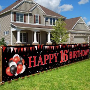red black 16th birthday banner decorations for boys girls, black and red happy 16 birthday yard banner sign party supplies, large sixteen year old birthday for outdoor indoor (9.8x1.6ft)