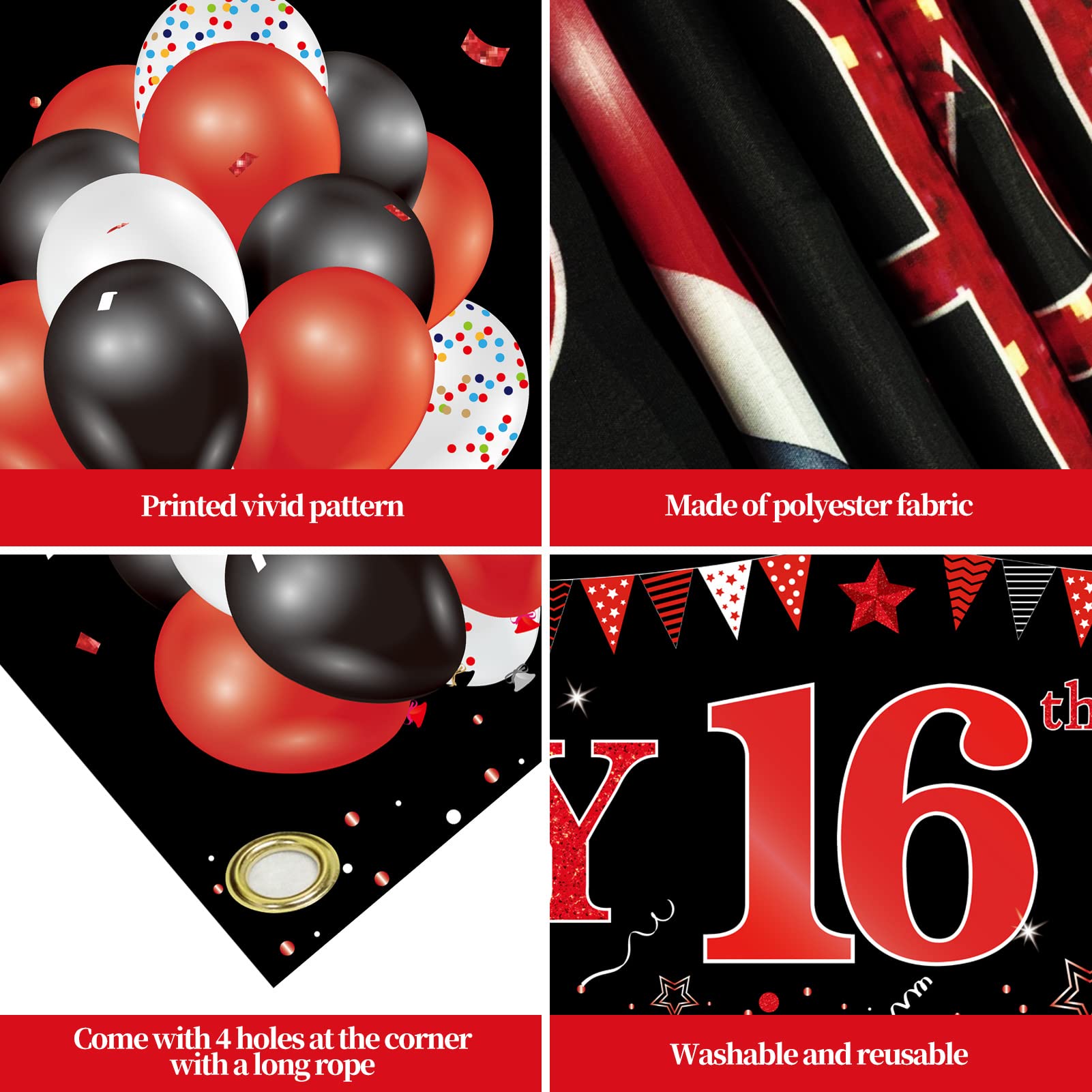 Red Black 16th Birthday Banner Decorations for Boys Girls, Black and Red Happy 16 Birthday Yard Banner Sign Party Supplies, Large Sixteen Year Old Birthday for Outdoor Indoor (9.8x1.6ft)