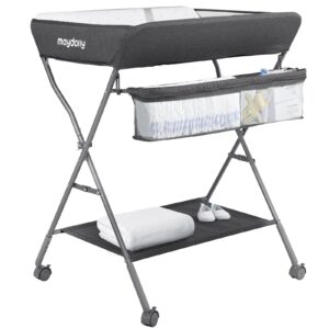 baby changing table with wheels, maydolly portable adjustable height folding diaper station with nursery organizer & storage rack for newborn baby and infant (dark grey)