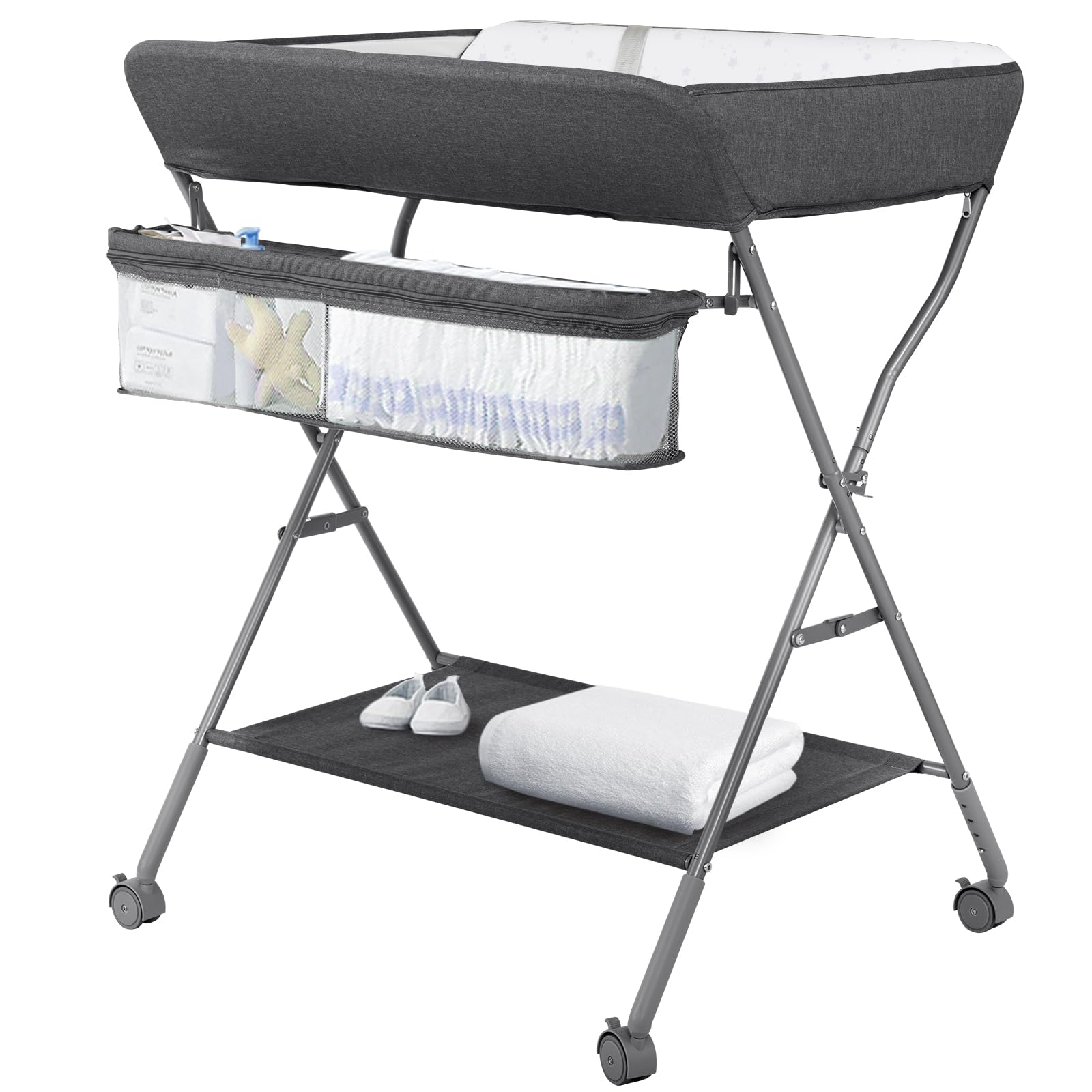 Baby Changing Table with Wheels, Maydolly Portable Adjustable Height Folding Diaper Station with Nursery Organizer & Storage Rack for Newborn Baby and Infant (Dark Grey)