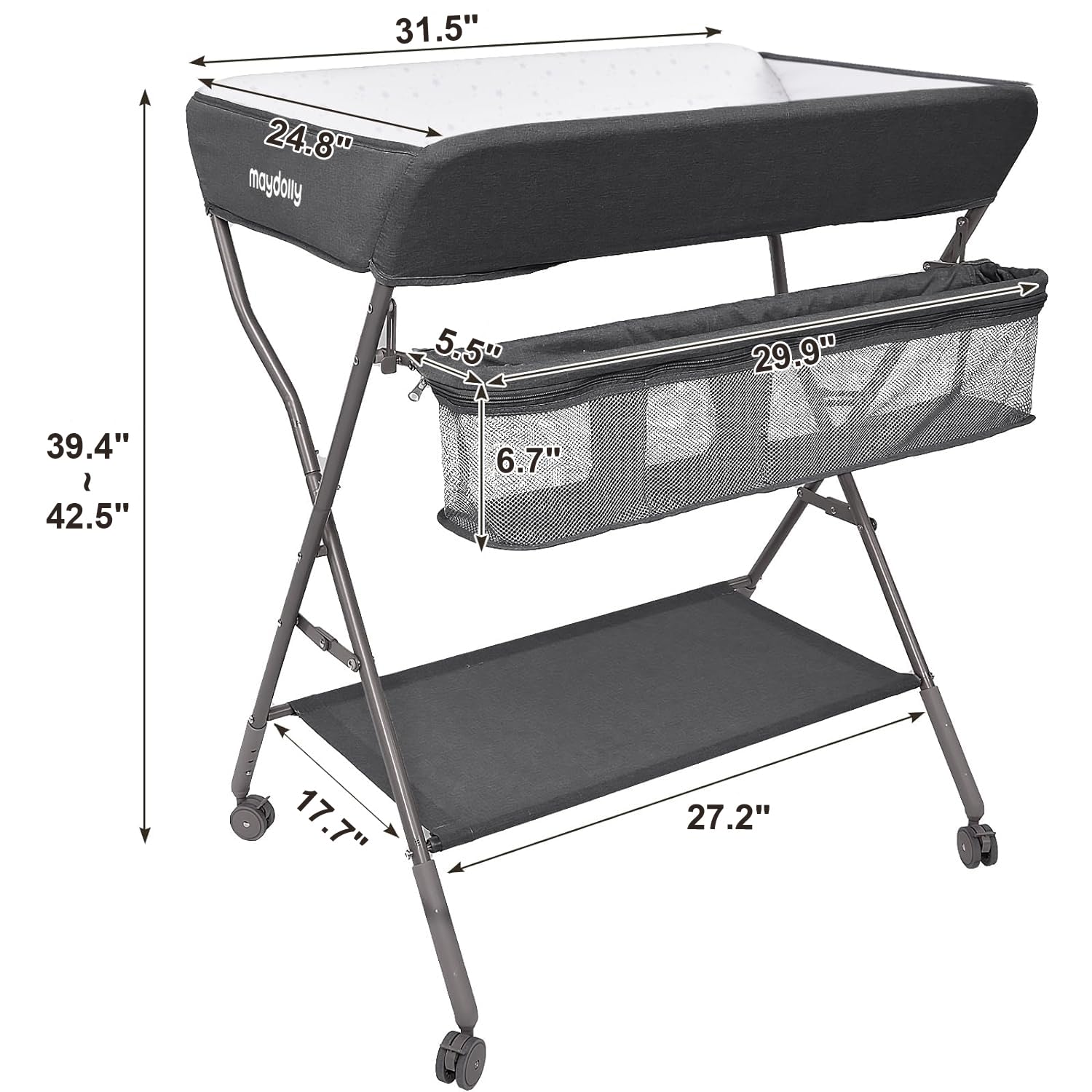 Baby Changing Table with Wheels, Maydolly Portable Adjustable Height Folding Diaper Station with Nursery Organizer & Storage Rack for Newborn Baby and Infant (Dark Grey)