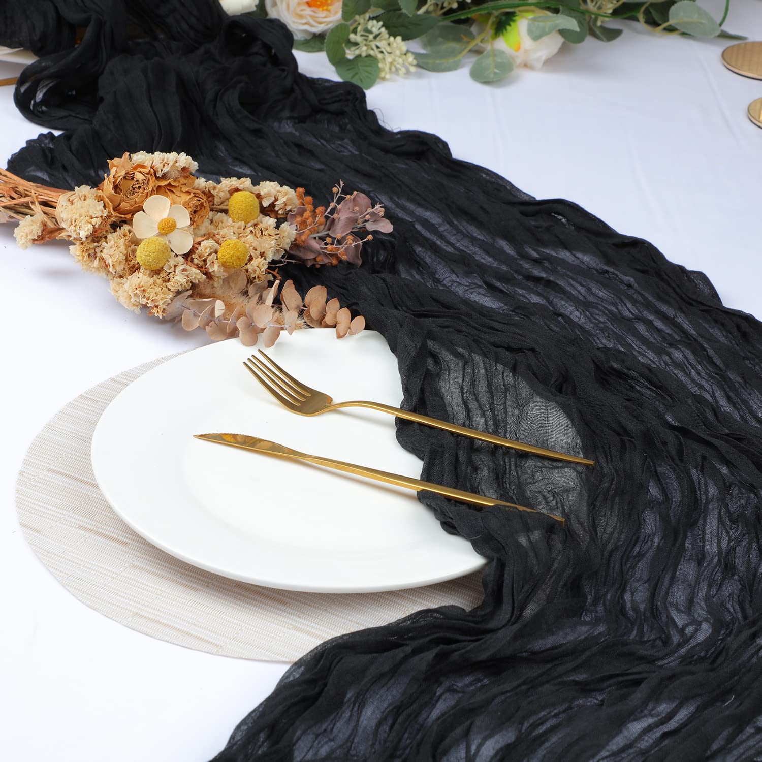 Snowkingdom 13Ft Black Cheesecloth Table Runner, 160inch Long Cheese Cloth Boho Gauze Table Runner for Wedding Bridal Baby Shower Birthday Holiday Party Sheer Halloween Table Decorations