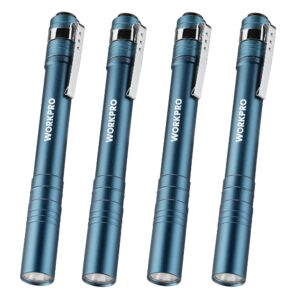 workpro led pen light, aluminum pen flashlights, pocket flashlight with clip for inspection, emergency, everyday, 8aaa batteries included, blue (4-pack)