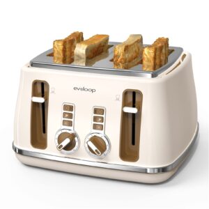 evoloop toaster 4 slice, oversize retro stainless steel bread toaster with dual independent control panels, 6 browning level, bagel, defrost & cancel, -1.5" extra wide slots, removable crumb tray