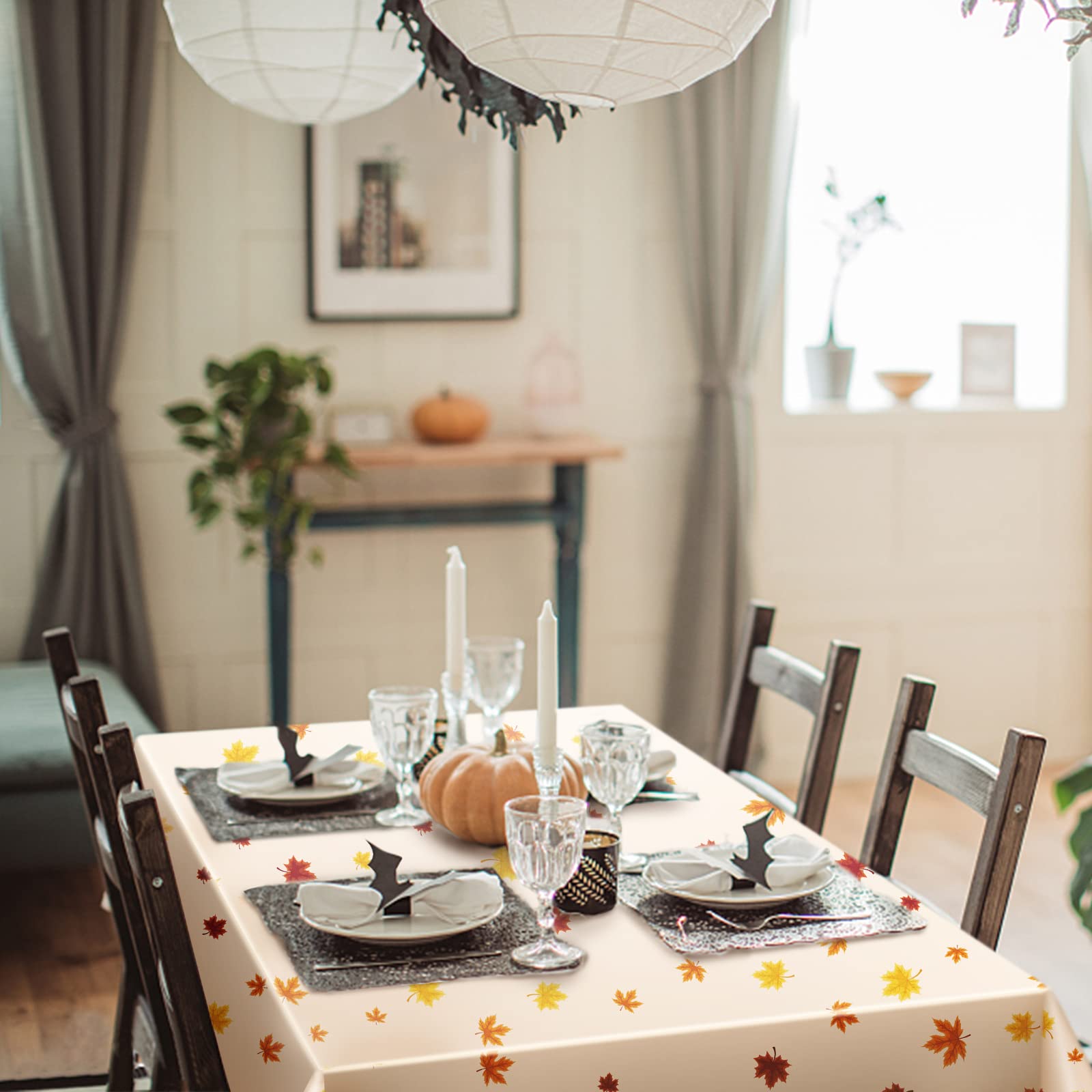 CAKKA Thanksgiving Tablecloth Plastic 54x108 Inch, 2 Pack Disposable Fall Pumpkin Table Cover, Orange Maple Leaf Rectangle Autumn Table Cloth for Fall Thanksgiving Day Table Decor Decoration