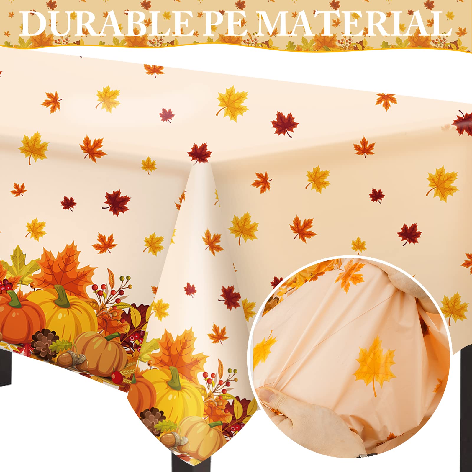 CAKKA Thanksgiving Tablecloth Plastic 54x108 Inch, 2 Pack Disposable Fall Pumpkin Table Cover, Orange Maple Leaf Rectangle Autumn Table Cloth for Fall Thanksgiving Day Table Decor Decoration