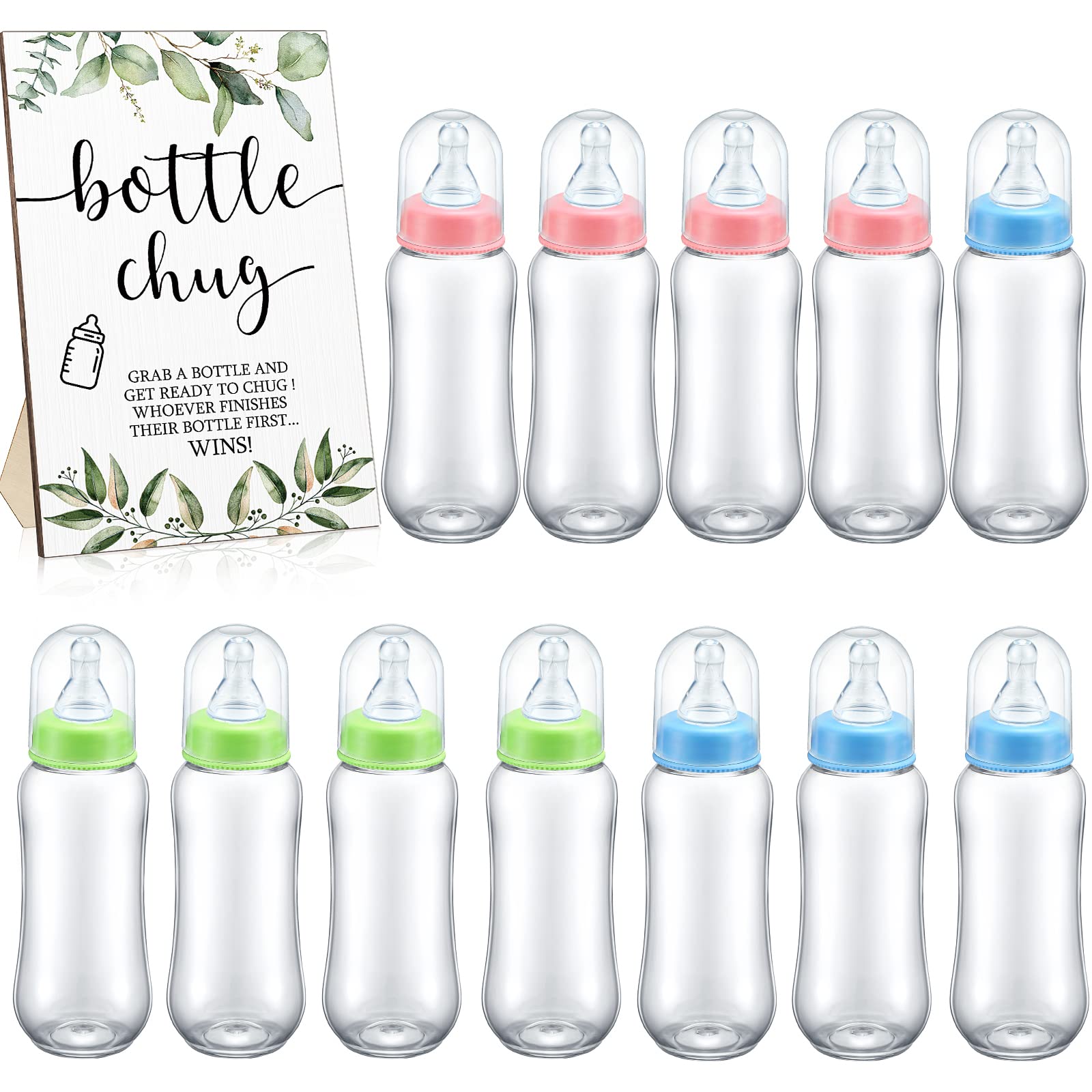 Roowest Baby Bottles for Baby Shower Games Bottle Chug 12 Pcs Plastic Baby Bottles Bulk and Bottle Chug Sign Baby Bottle Chugging Games for Party Gender Reveal Wedding Bridal Shower(Green Leaves)