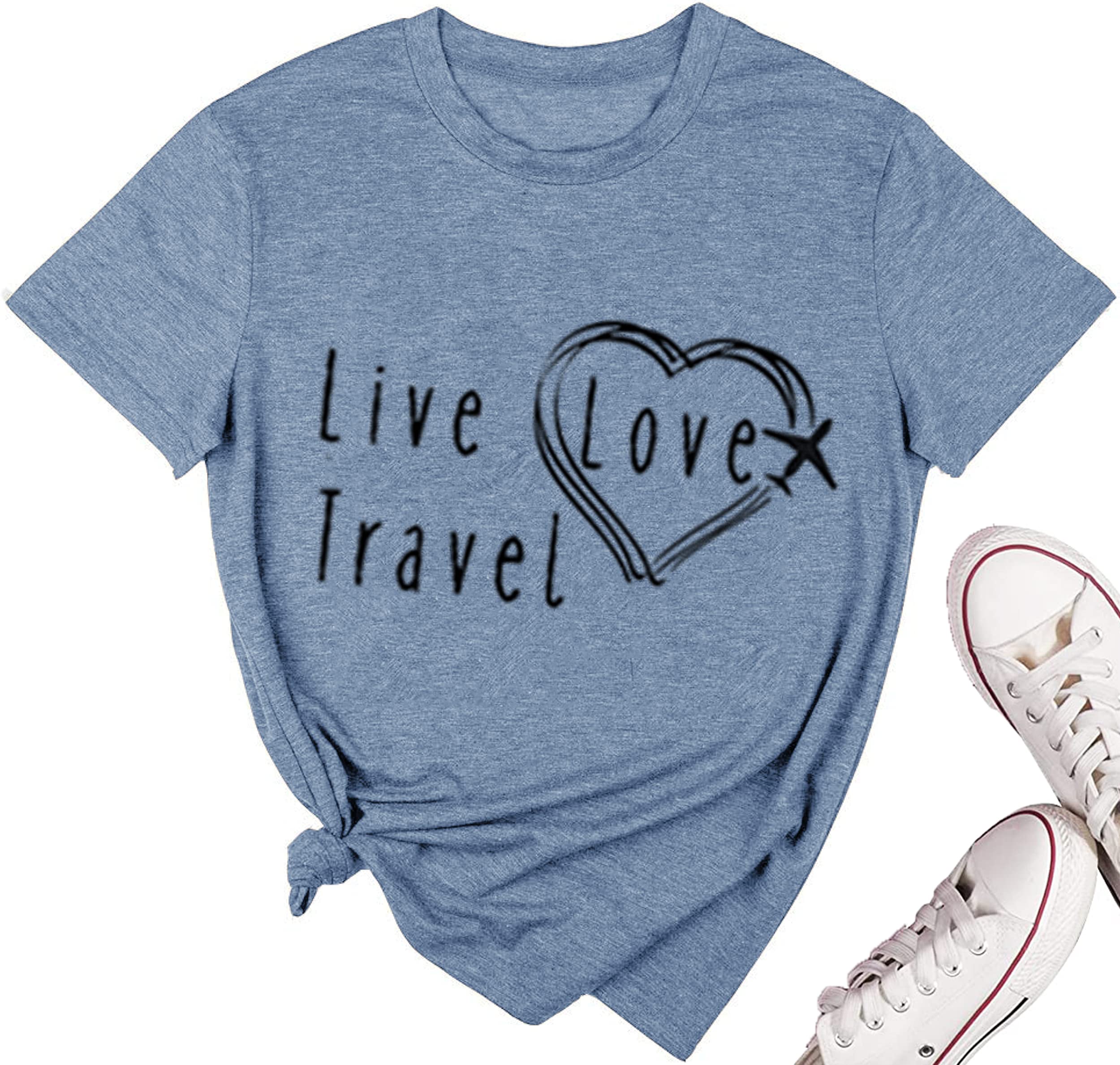 Women Funny Travel Vacation Shirts Airplane Heart Girls' Trip Tops Graphic Printed Workout Casual Cute Tee, Blue L