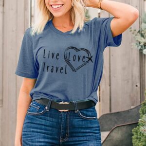 Women Funny Travel Vacation Shirts Airplane Heart Girls' Trip Tops Graphic Printed Workout Casual Cute Tee, Blue L