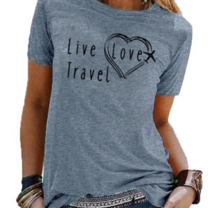 Women Funny Travel Vacation Shirts Airplane Heart Girls' Trip Tops Graphic Printed Workout Casual Cute Tee, Blue L