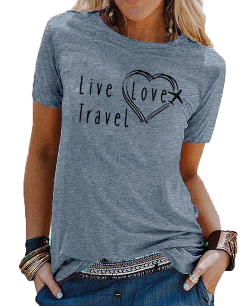 Women Funny Travel Vacation Shirts Airplane Heart Girls' Trip Tops Graphic Printed Workout Casual Cute Tee, Blue L