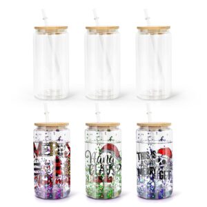 agh 16oz sublimation snow globe glass can shaped tumblers with bamboo lids and straws - 6 pack, double wall blank beer can clear glass ice coffee cups with pre drilled hole for snow globe diy