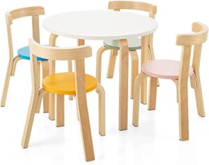 honey joy kids table and chair set, bentwood toddler round table and 4 chairs for craft art, building block, 5-piece children furniture set for daycare, kindergarten, playroom (colorful)